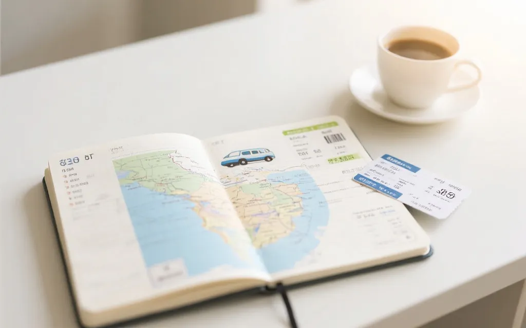 旅行预算手账与地图、车票和咖啡，规划感与秩序感