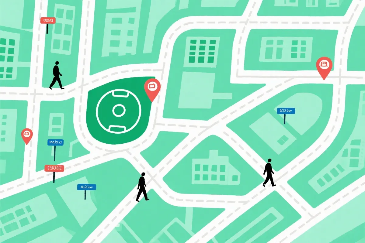 地铁线路与城市步行路线的地图风格插画，球迷前往球场