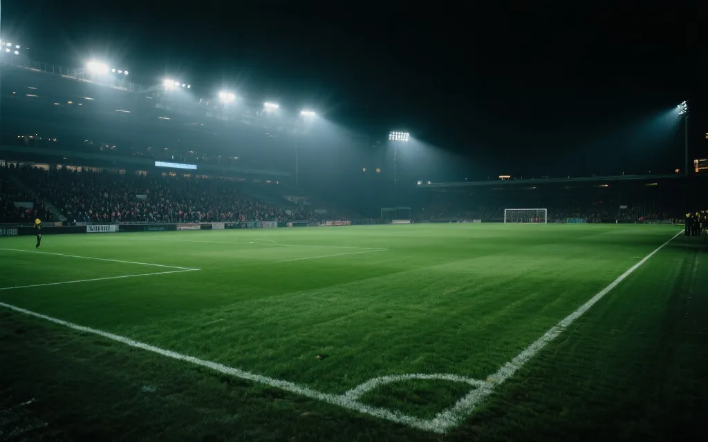 世界杯比赛夜晚球场氛围，观众席虚化，强调比分悬念