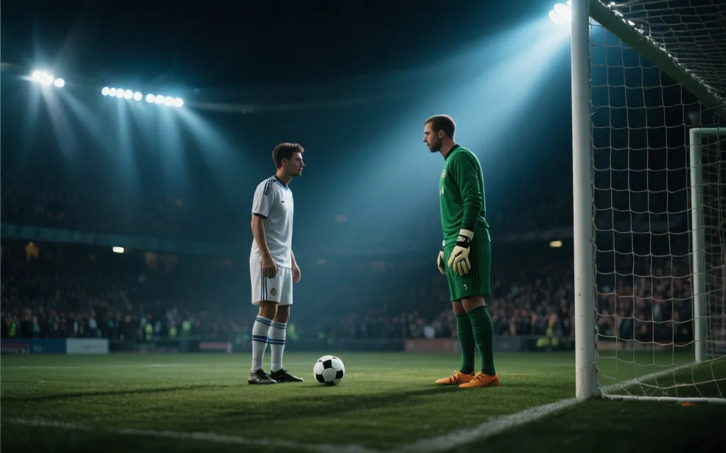 点球大战前球员围成一圈，灯光强烈，紧张气氛，电影分镜感