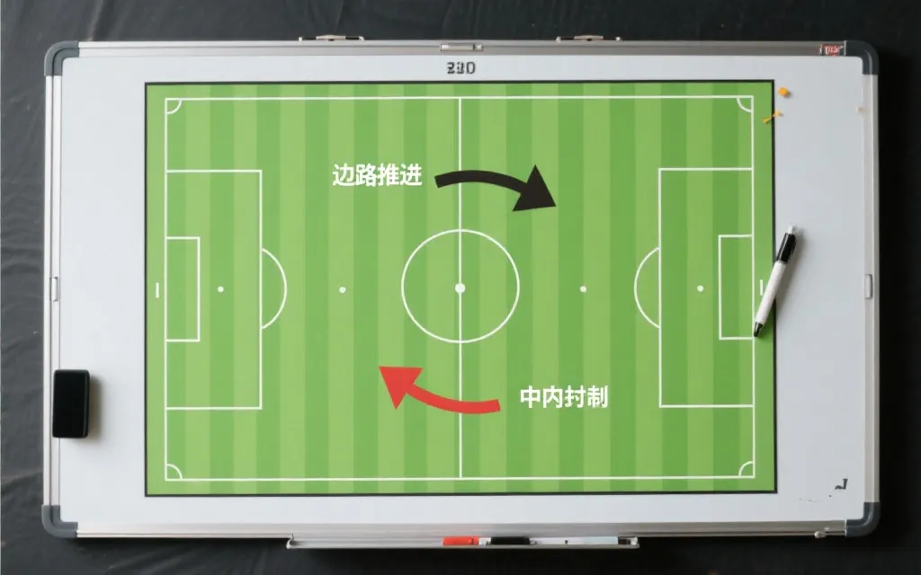 战术板与球场俯视视角的结合画面，展示边路推进与中路封锁的战术主题