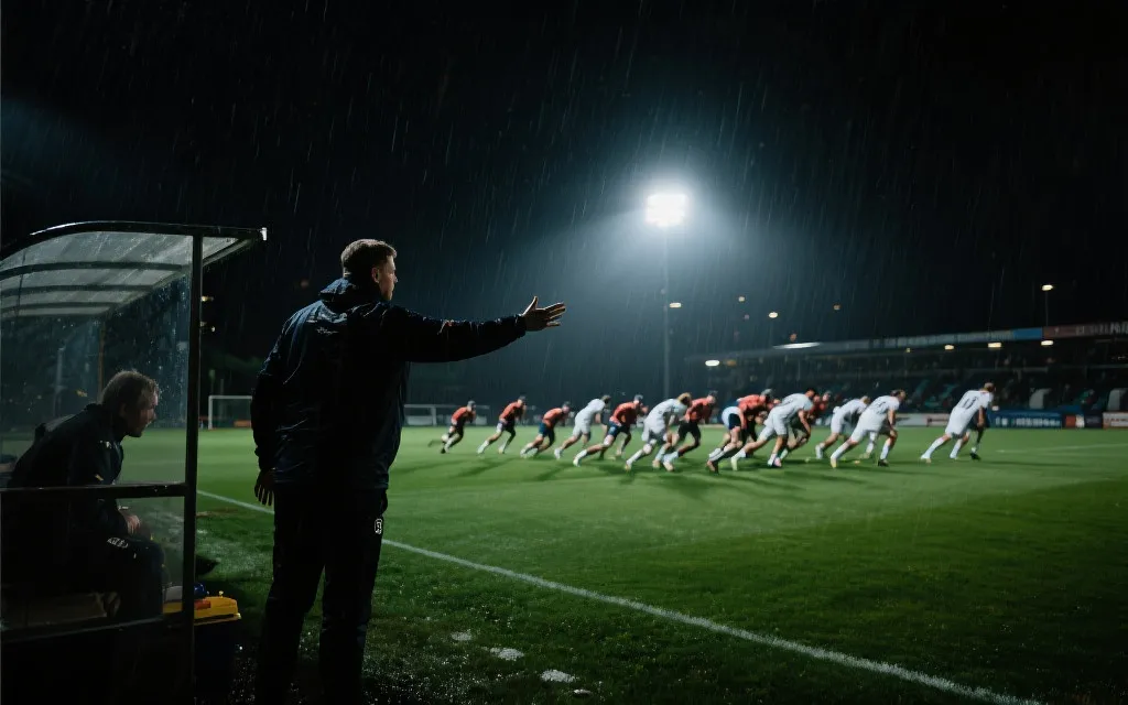 教练在场边指挥球队整体移动与压迫节奏
