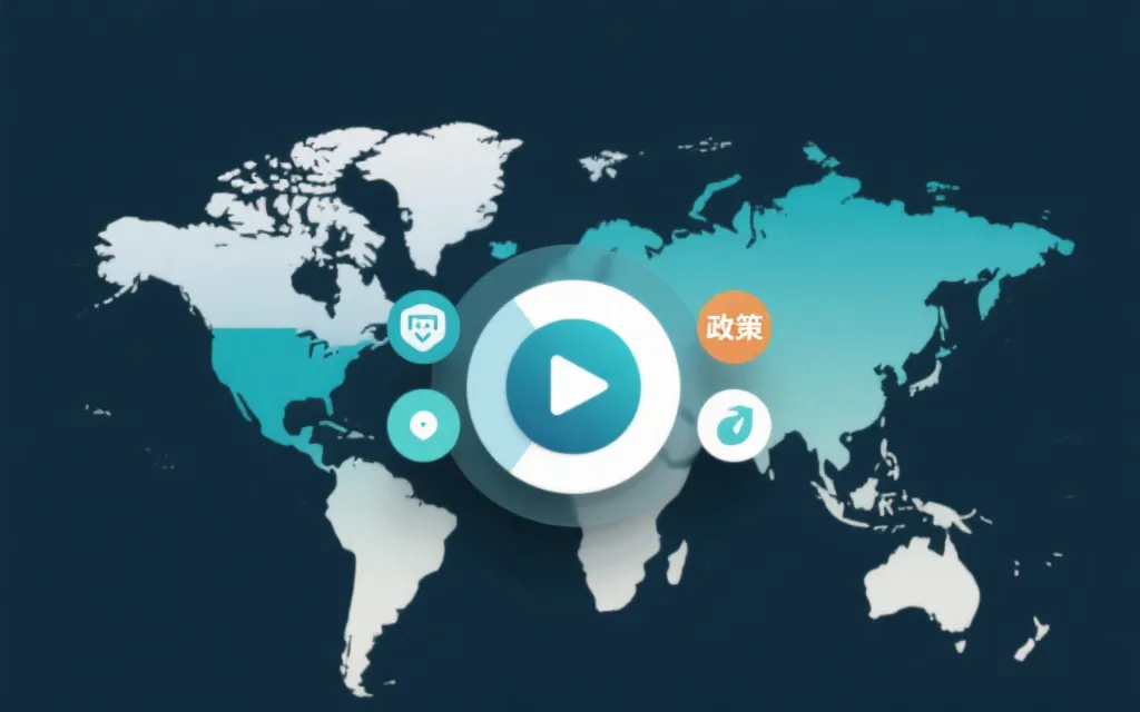 一张抽象信息图风格画面：世界地图轮廓与不同地区的播放方式图标，象征地区政策与平台模式差异