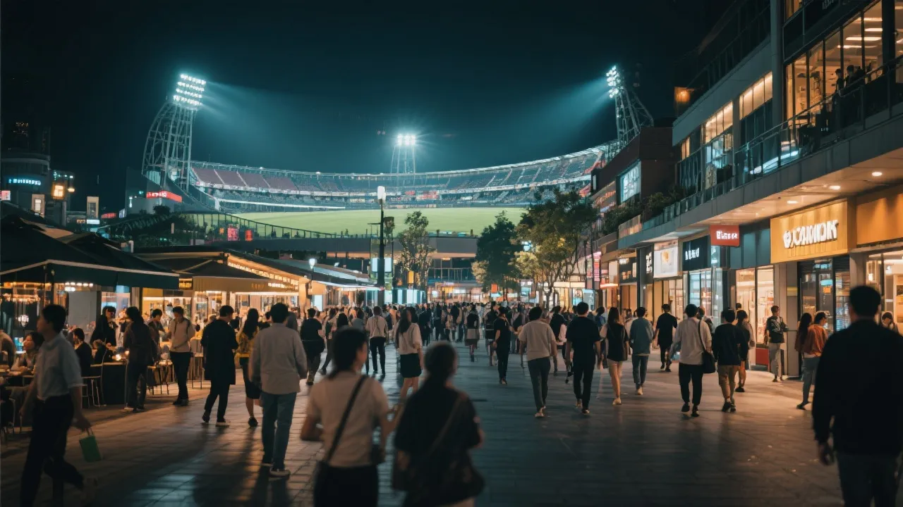 球场周边的步行商业街与夜间人流，赛事街区概念