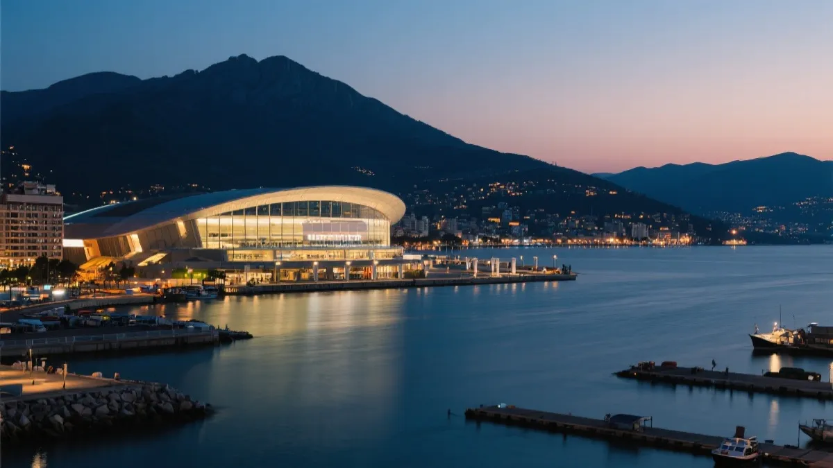 温哥华城市夜景与体育场馆外人群，电影感旅行氛围