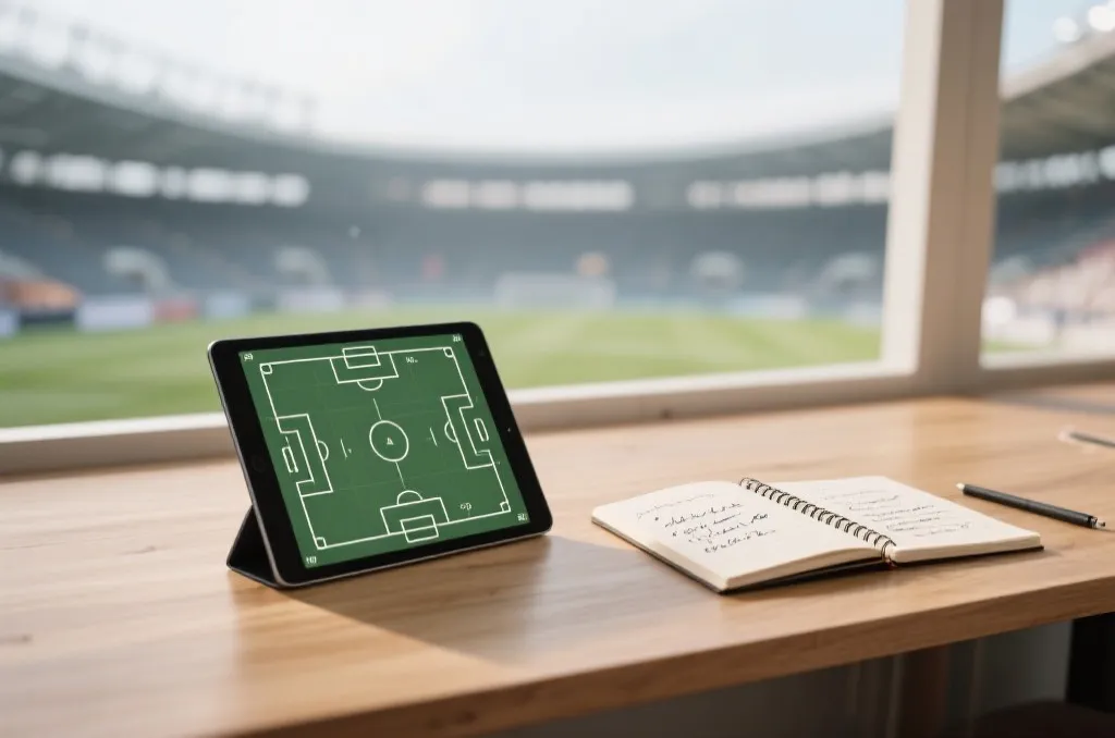 A sports analyst desk with a tablet displaying abstract soccer statistics and diagrams